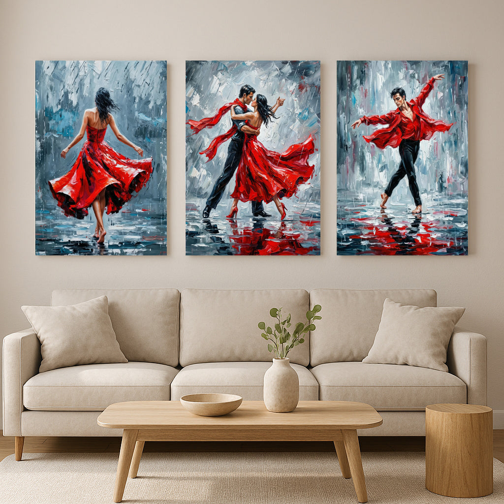 Three abstract paintings of dancers in red dresses hanging above a beige sofa.