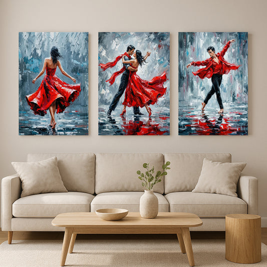 Three abstract paintings of dancers in red dresses hanging above a beige sofa.