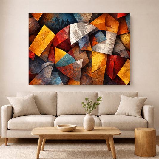 Modern abstract geometric wall art with textured red, orange, yellow, blue, and grey shapes