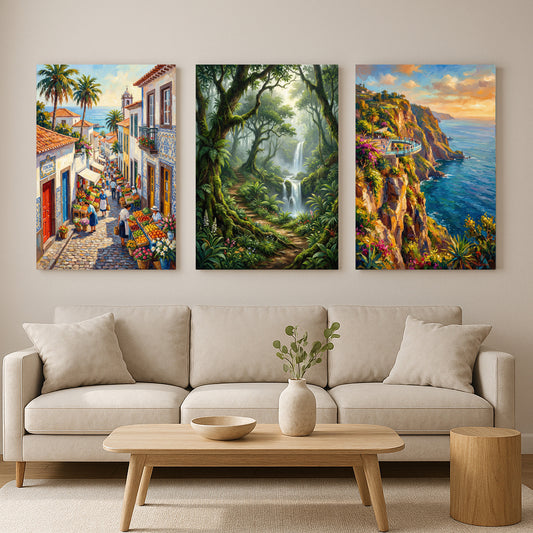 Azores Portugal Canvas Print Set – Coastal Cliff & Volcanic Landscape Triptych