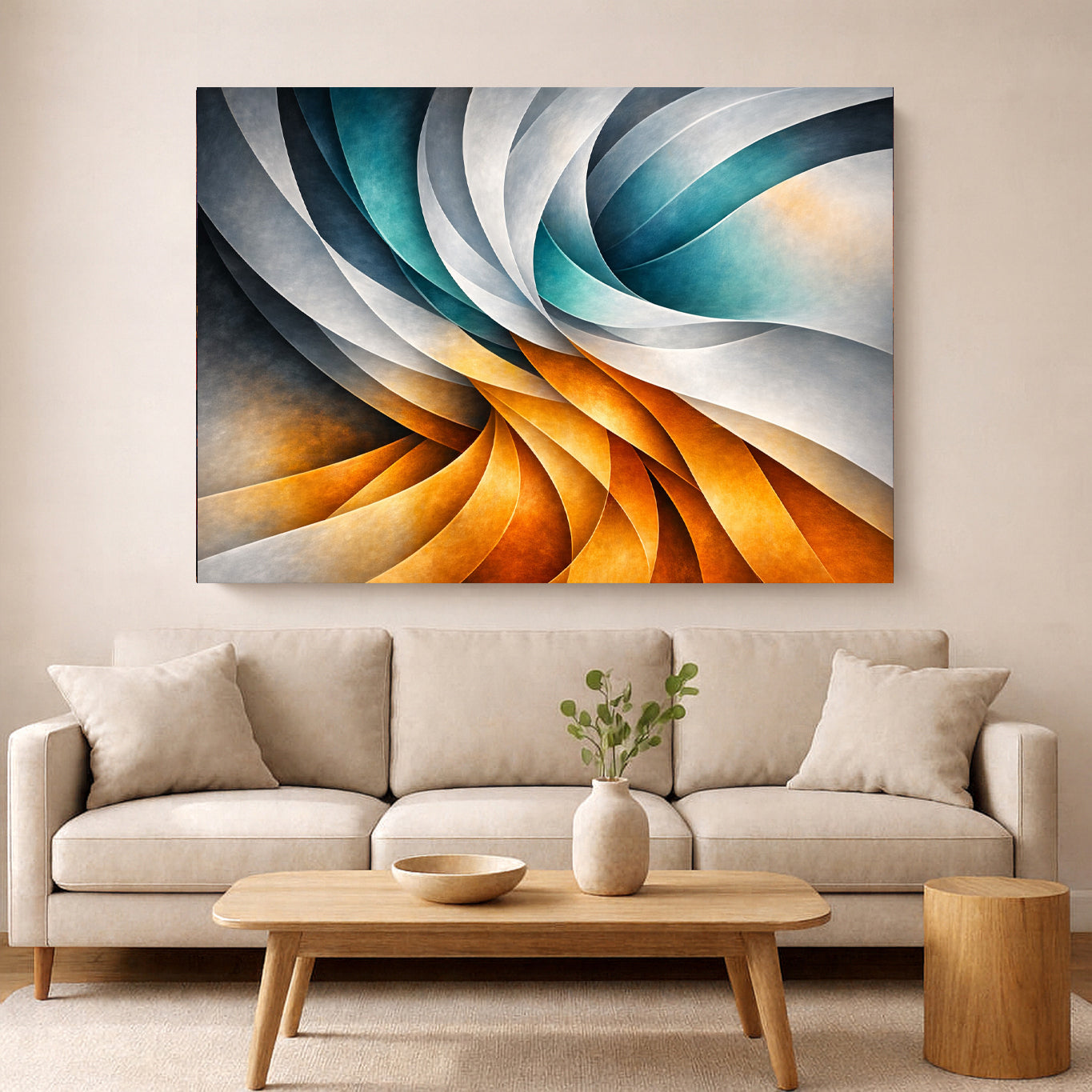 Modern abstract swirl painting with teal, gold, orange, grey, and white layered shapes hanging above a beige sofa.