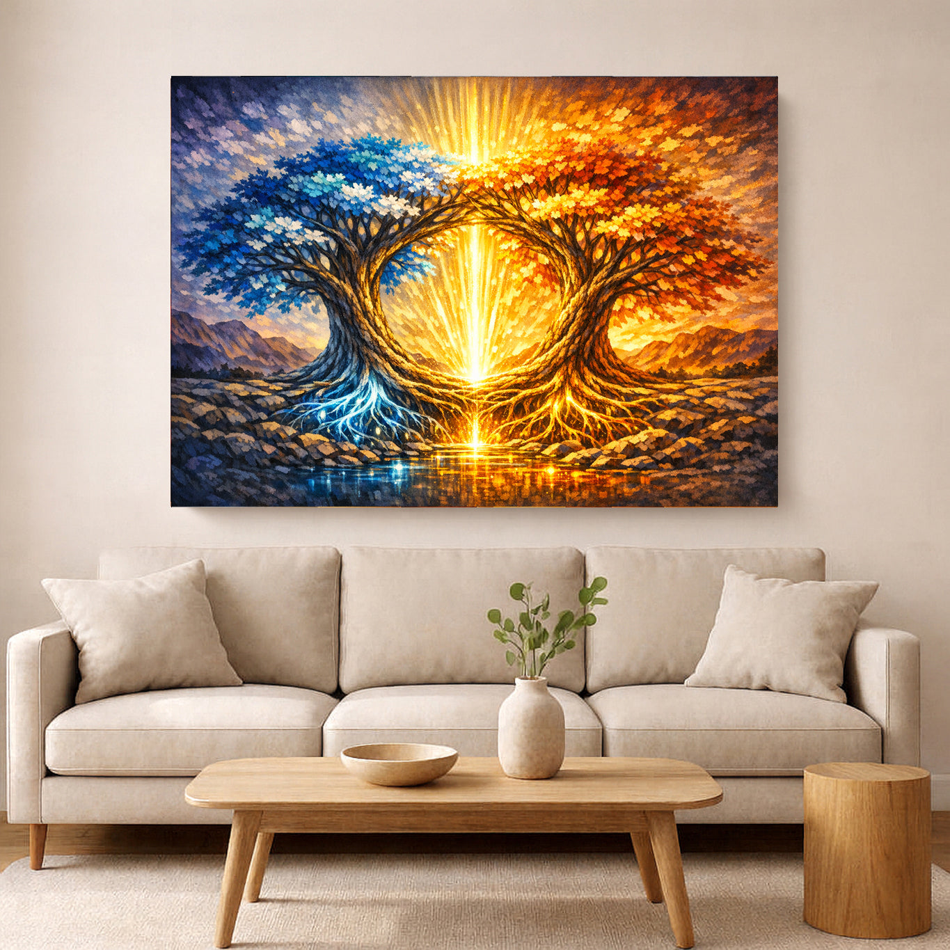 Landscape abstract wall art showing two intertwined trees, one blue and one golden, meeting at a radiant center of light