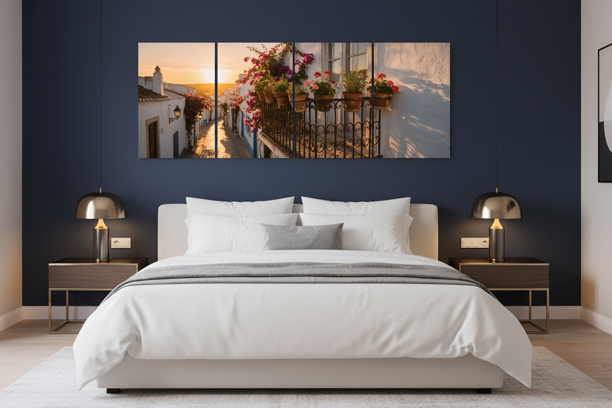 Old Town Albufeira four-panel canvas wall art in a bedroom - Portugal Canvas Co