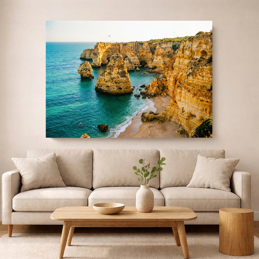 Algarve Golden Cliffs Wall Art • Portugal Coastline Canvas • Turquoise Ocean Beach Print