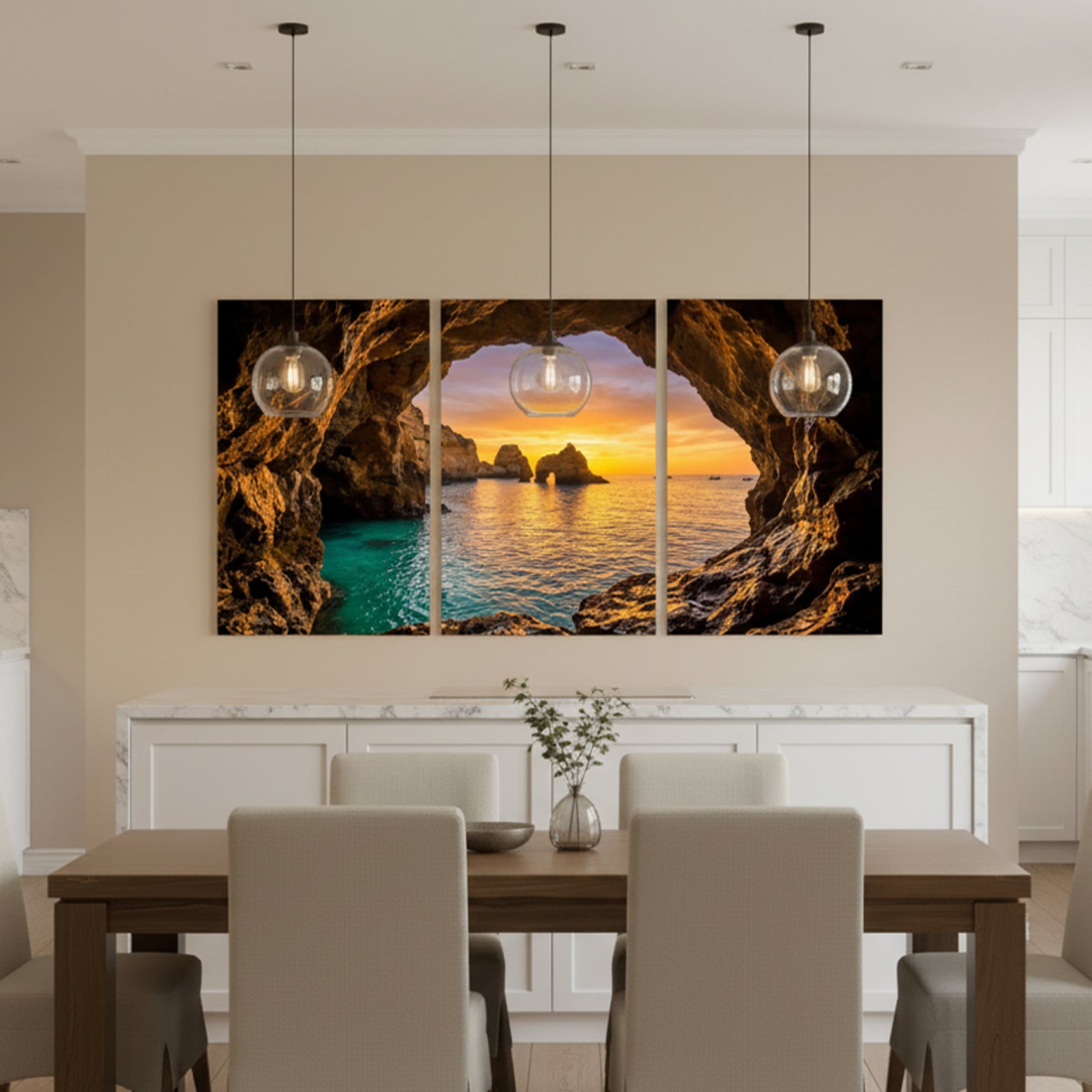Algarve sea cave arch triptych canvas wall art – golden sunset, turquoise water and sea stacks viewed through rock arch - Portugal Canvas Co