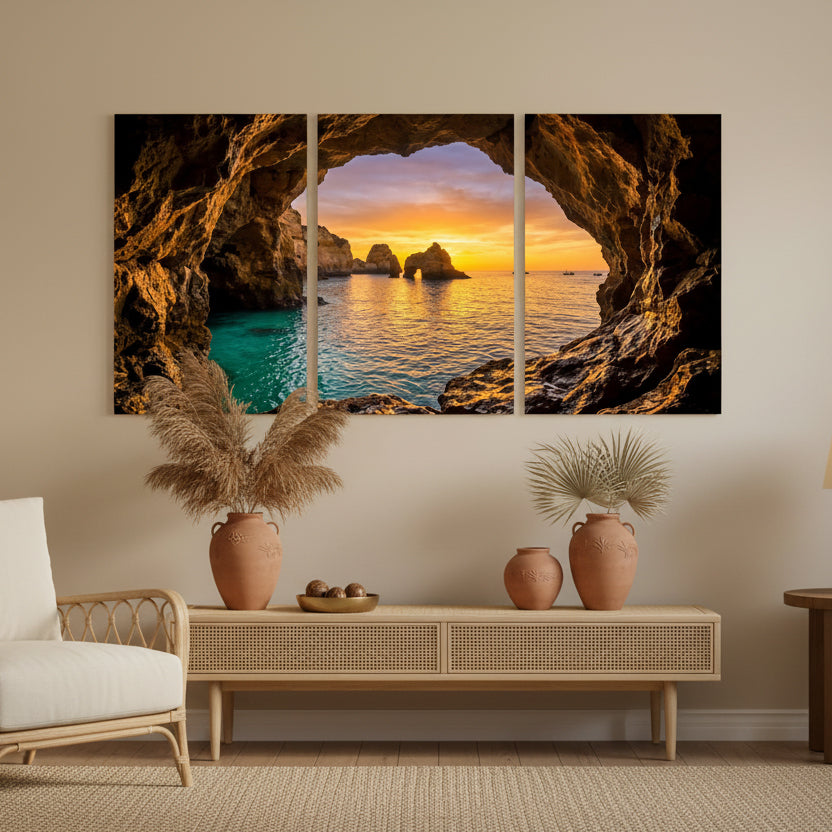 Algarve sea cave arch triptych canvas wall art – golden sunset, turquoise water and sea stacks viewed through rock arch - Portugal Canvas Co