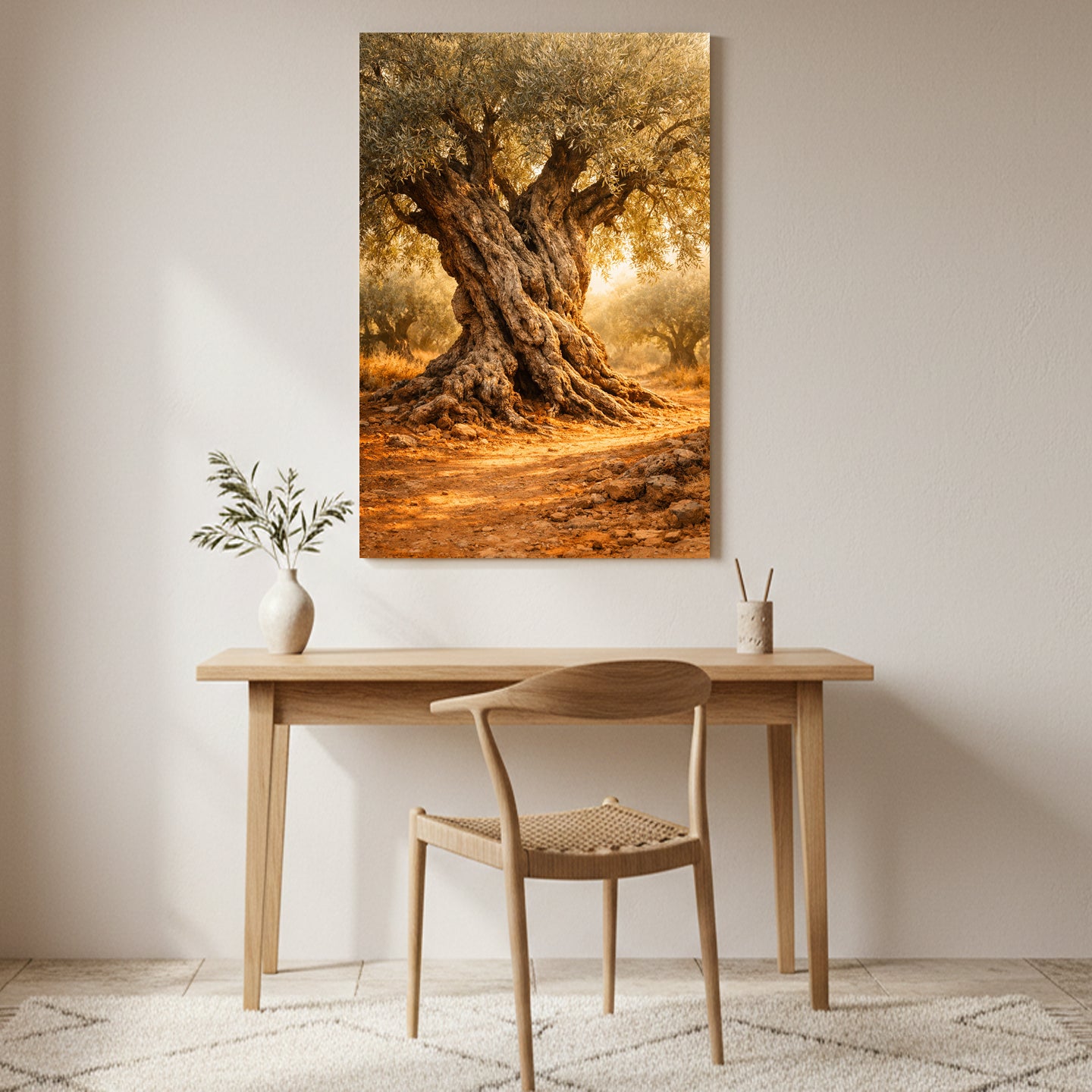 Ancient olive tree canvas wall art displayed above a wooden desk in a warm minimalist home interior - Portugal Canvas Co