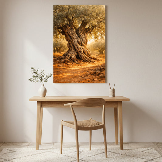 Ancient olive tree canvas wall art displayed above a wooden desk in a warm minimalist home interior - Portugal Canvas Co
