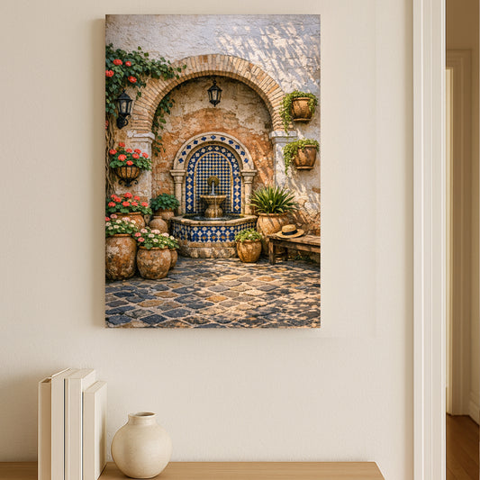 Decorative wall art of a courtyard scene with a fountain on a beige wall.
