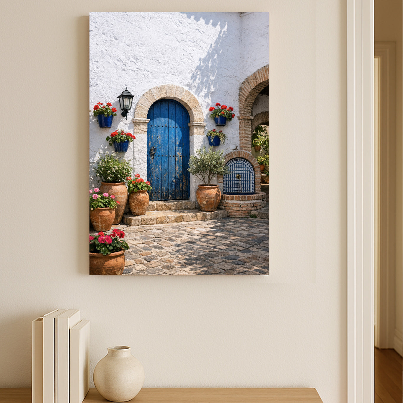Canvas print of a Mediterranean-style door with flowers and arches on a wall.