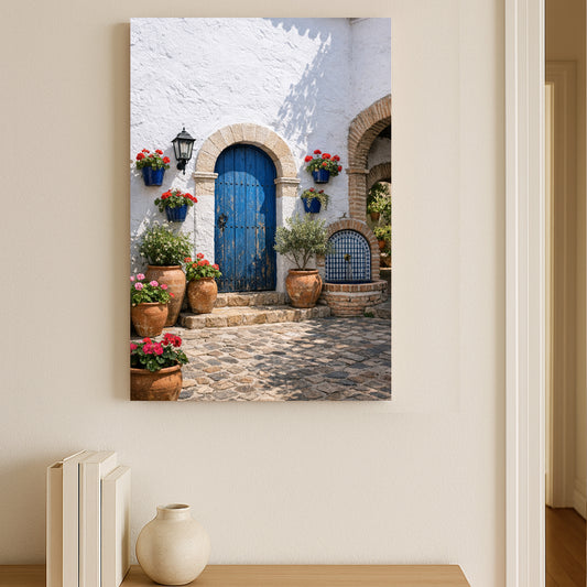 Mediterranean Blue Door Wall Art – Courtyard Canvas Print — terracotta pots stucco decor - Portugal Canvas Co