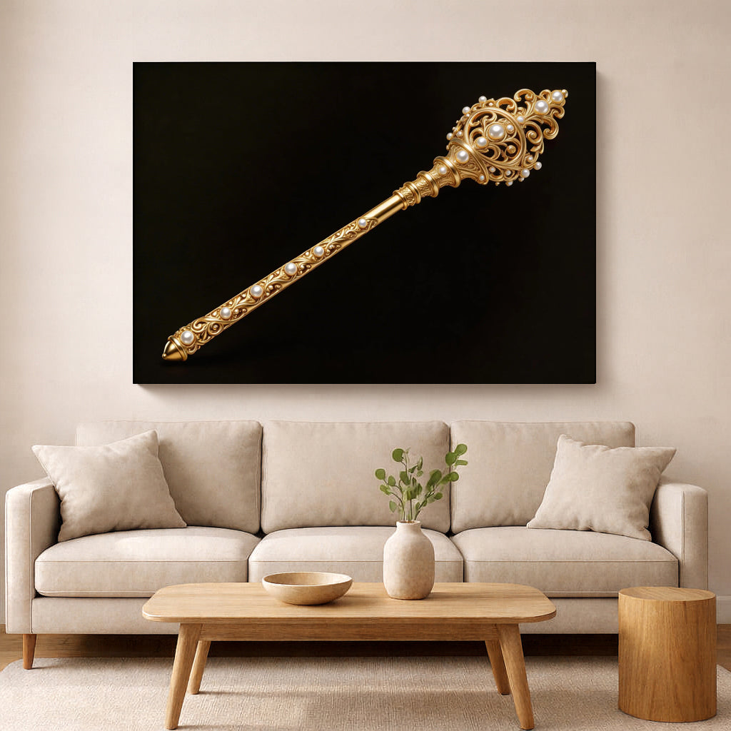 Arte de pared con cetro celestial real: decoración de lienzo de lujo en negro y dorado.