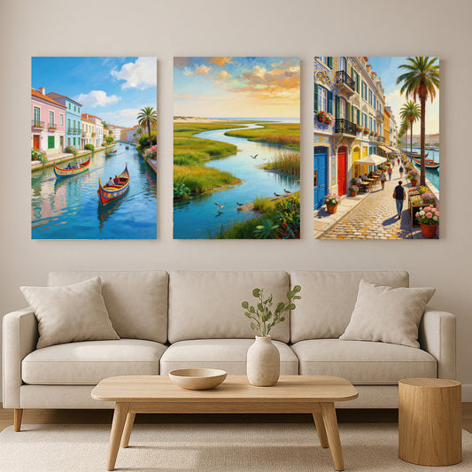 Aveiro Canal Canvas Set – Moliceiro Boats & Riverside Portugal Wall Art