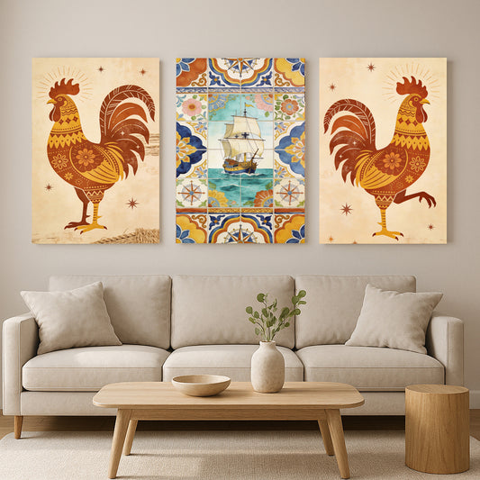 Portuguese Wall Art Canvas Set – Galo de Barcelos & Ship Print.