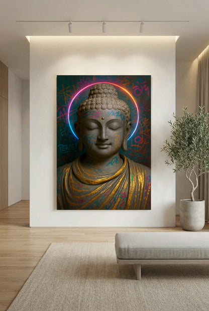 Graffiti‑style Buddha artwork with neon halo and colourful markings, displayed above a minimalist bench in a modern interior - Portugal Canvas Co