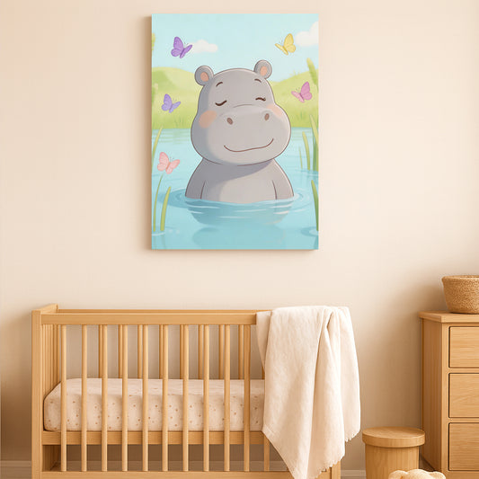 Cute Hippo Nursery Wall Art – Calm Animal Print Cute hippo nursery canvas wall art — calm animal print for baby room decor
