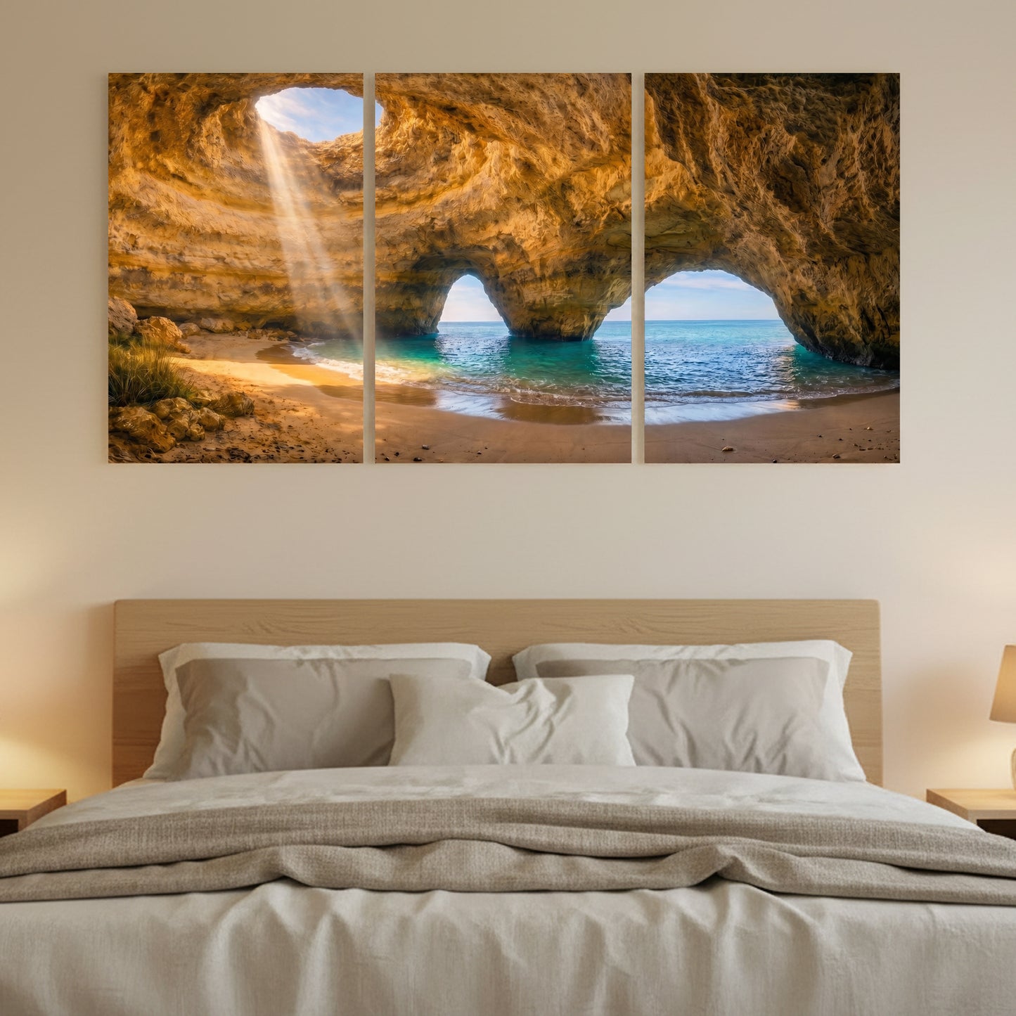 Benagil sea cave triptych canvas wall art – golden sandstone arches, turquoise ocean and sunbeam, Algarve Portugal - Portugal Canvas Co