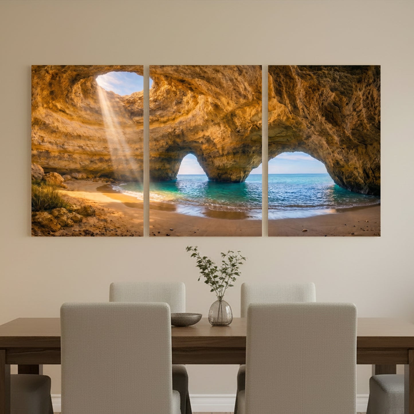 Benagil sea cave triptych canvas wall art – golden sandstone arches, turquoise ocean and sunbeam, Algarve Portugal - Portugal Canvas Co
