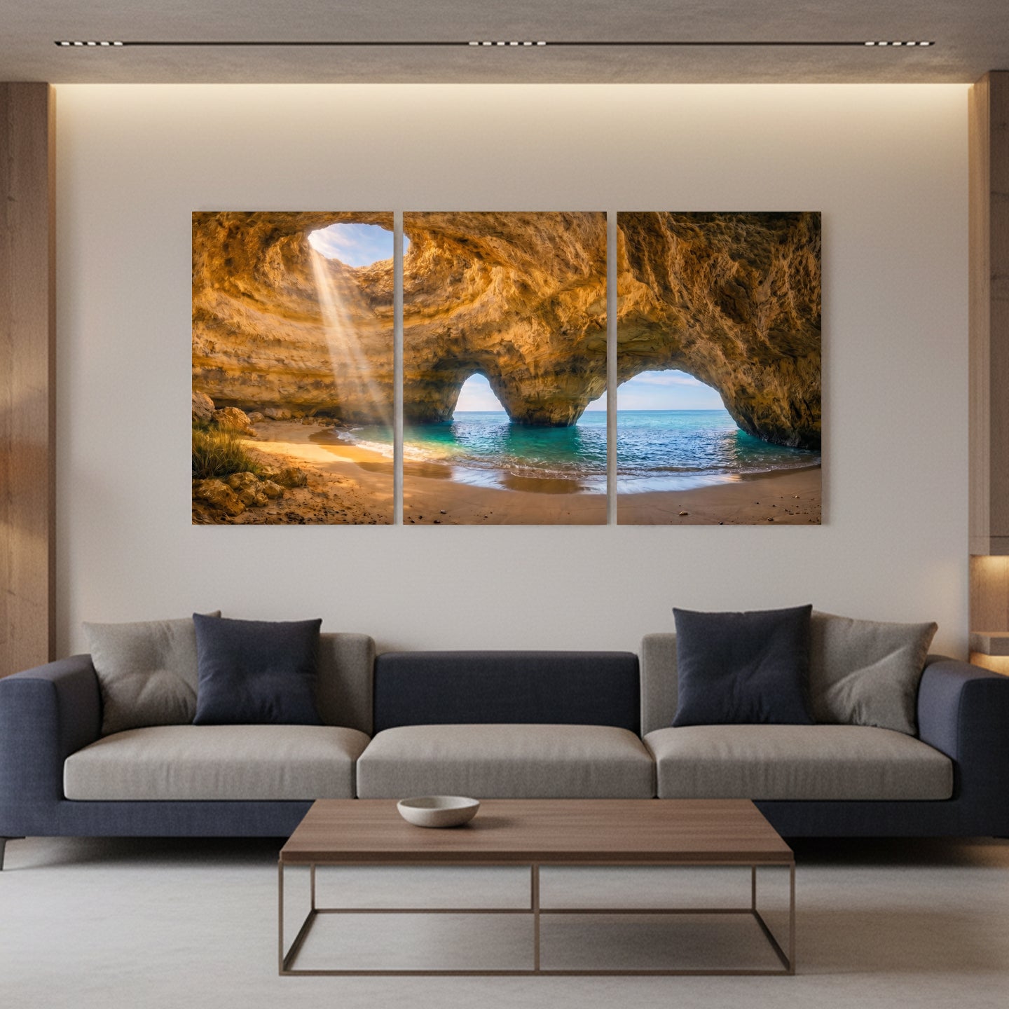 Benagil sea cave triptych canvas wall art – golden sandstone arches, turquoise ocean and sunbeam, Algarve Portugal - Portugal Canvas Co