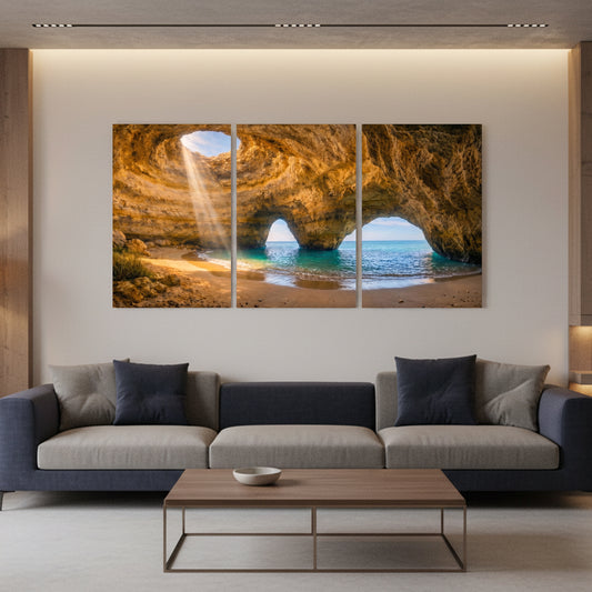 Benagil sea cave triptych canvas wall art – golden sandstone arches, turquoise ocean and sunbeam, Algarve Portugal - Portugal Canvas Co