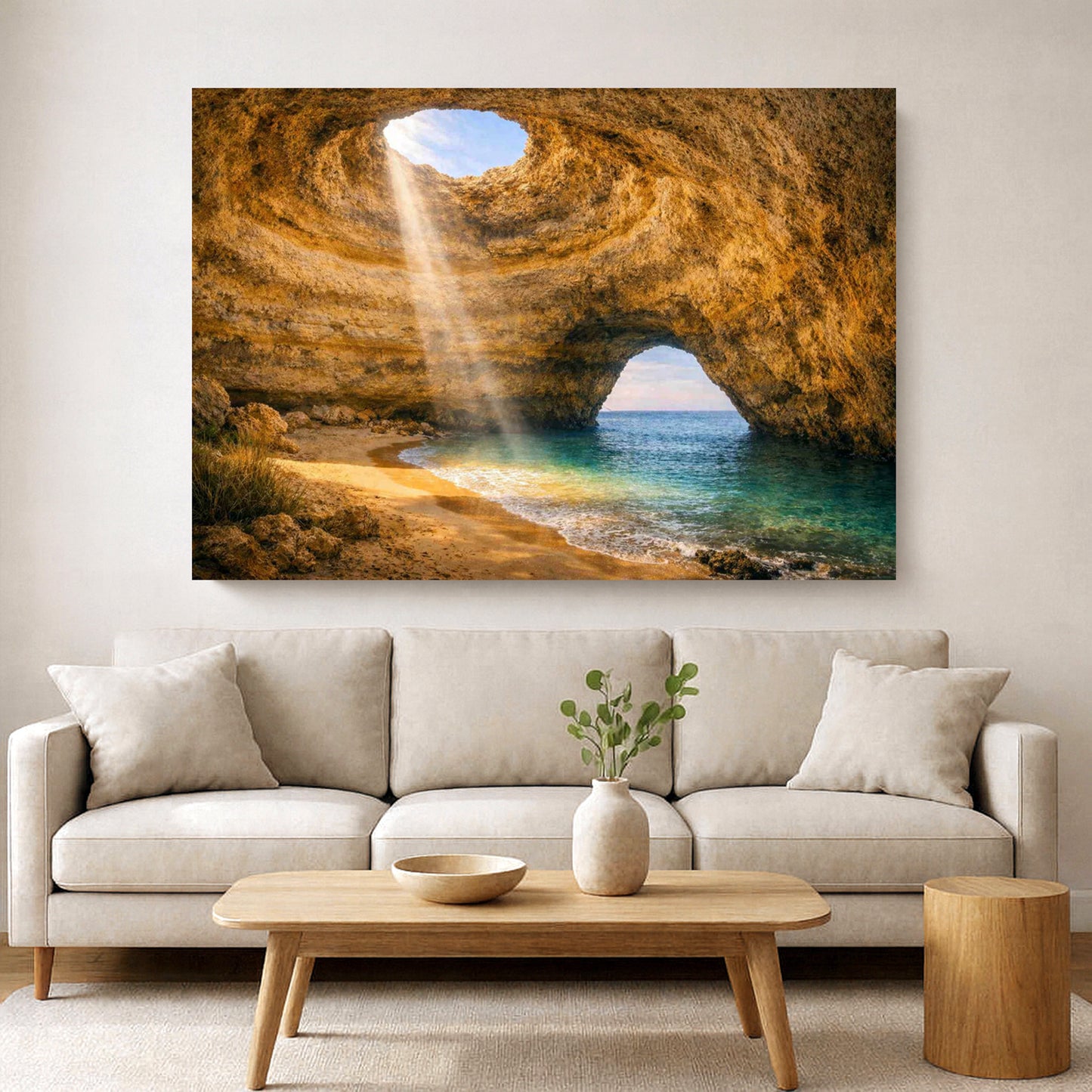 Benagil Cave interior canvas print – golden sandstone cave walls with sunbeam light through circular ceiling opening and turquoise sea visible through natural rock arch Algarve - Portugal Canvas Co 