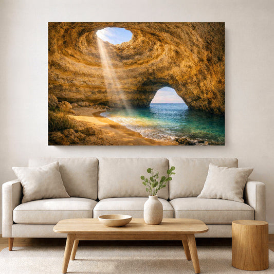 Benagil Cave interior canvas print – golden sandstone cave walls with sunbeam light through circular ceiling opening and turquoise sea visible through natural rock arch Algarve - Portugal Canvas Co 