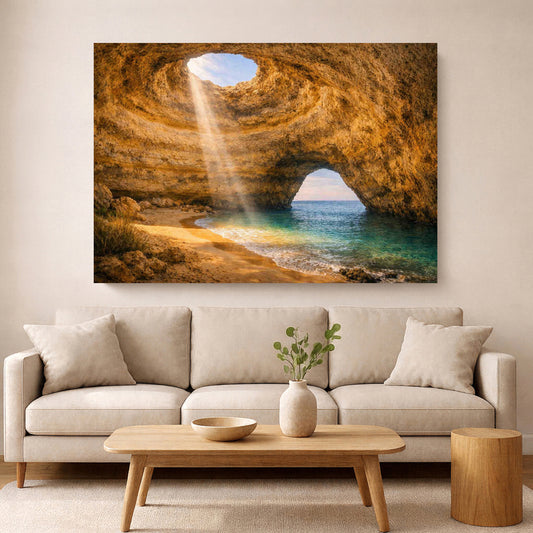 A large rectangular canvas print of a cave sea cave with turquoise water and a sunbeam, displayed on a beige wall above a modern light beige sofa in a living room setting.
