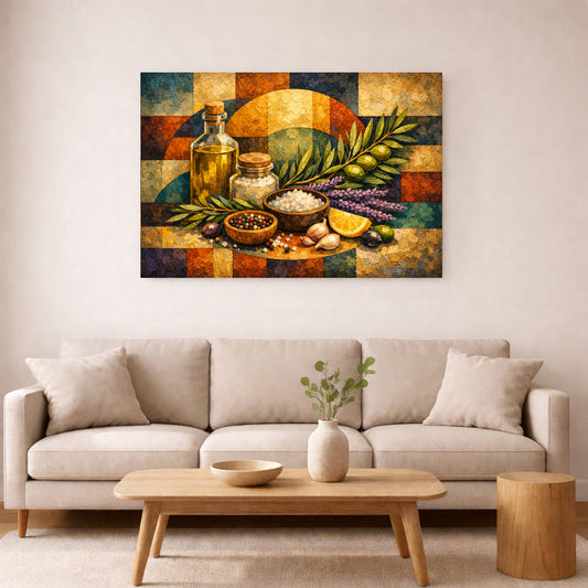 Mediterranean Ingredients Still Life Canvas | Rustic Kitchen Wall Art Decor.