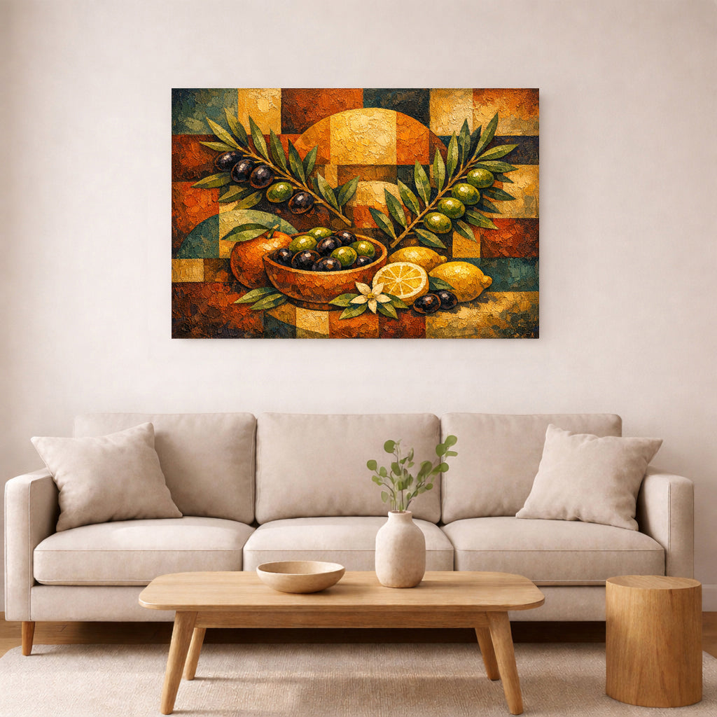 Mediterranean Harvest Olives & Citrus Still Life Canvas Rustic Kitchen Framed Wall Art.