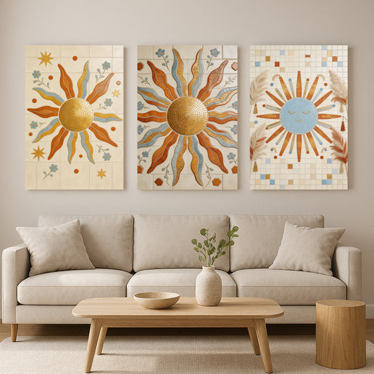 “Boho Sun Wall Art Triptych – Mediterranean Mosaic Sun Canvas Set for Living Room Decor