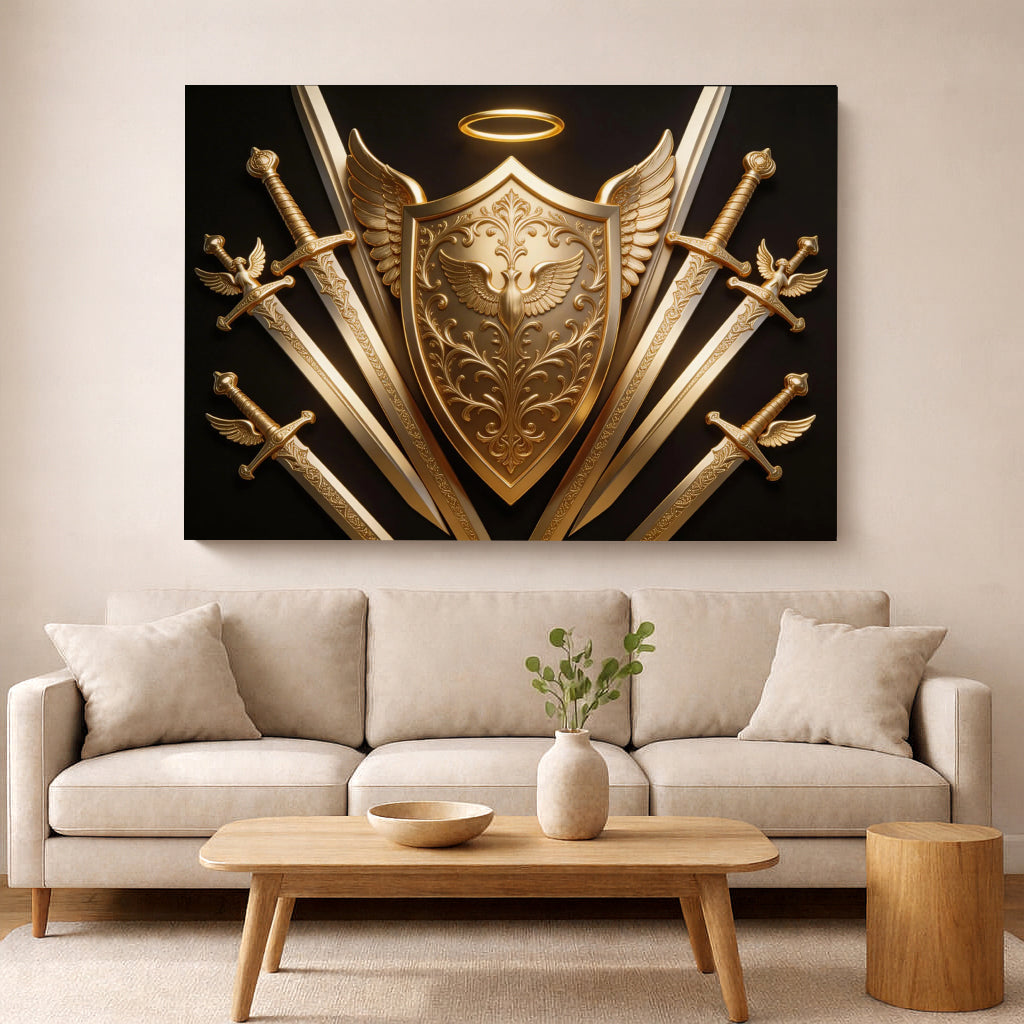 Arte mural Divine Golden Shield: lienzo de lujo en negro y dorado