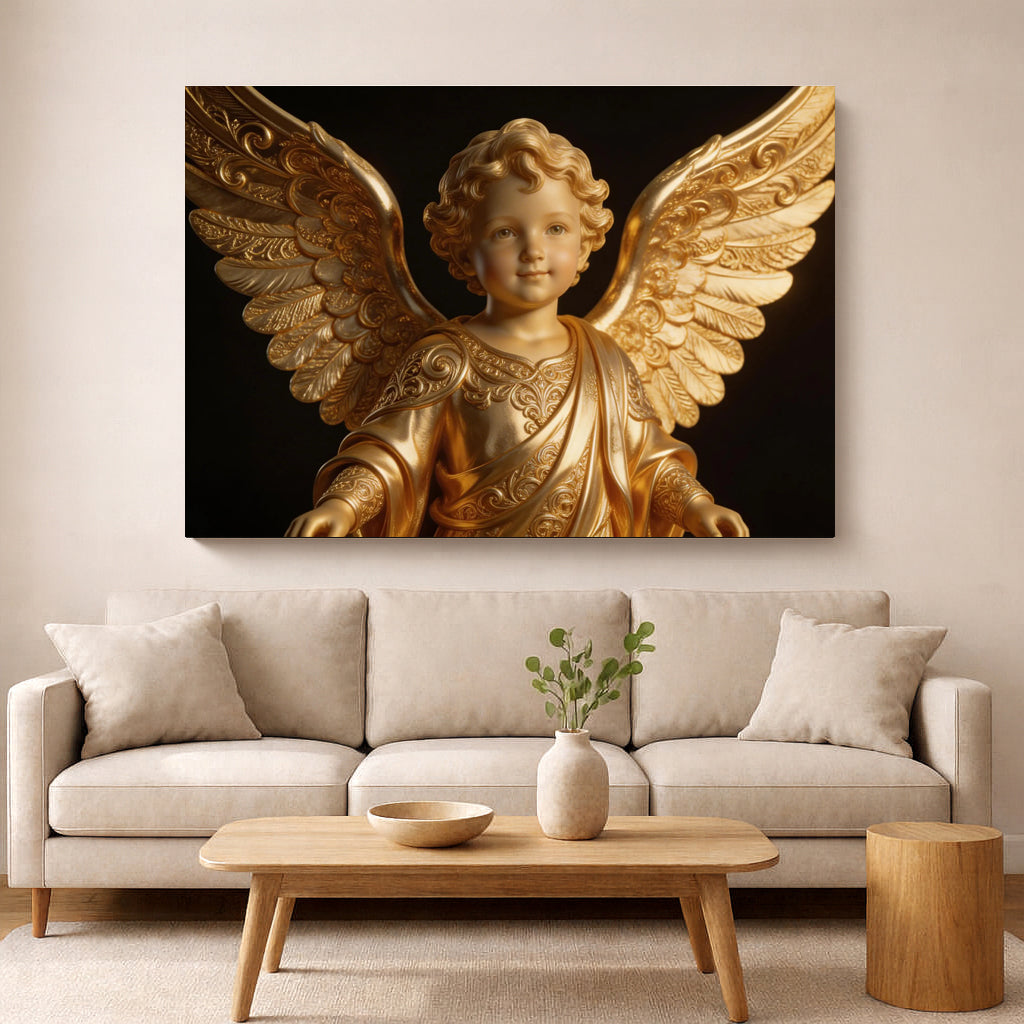 Quadro decorativo "Anjo Dourado Criança" - Tela de luxo em preto e dourado