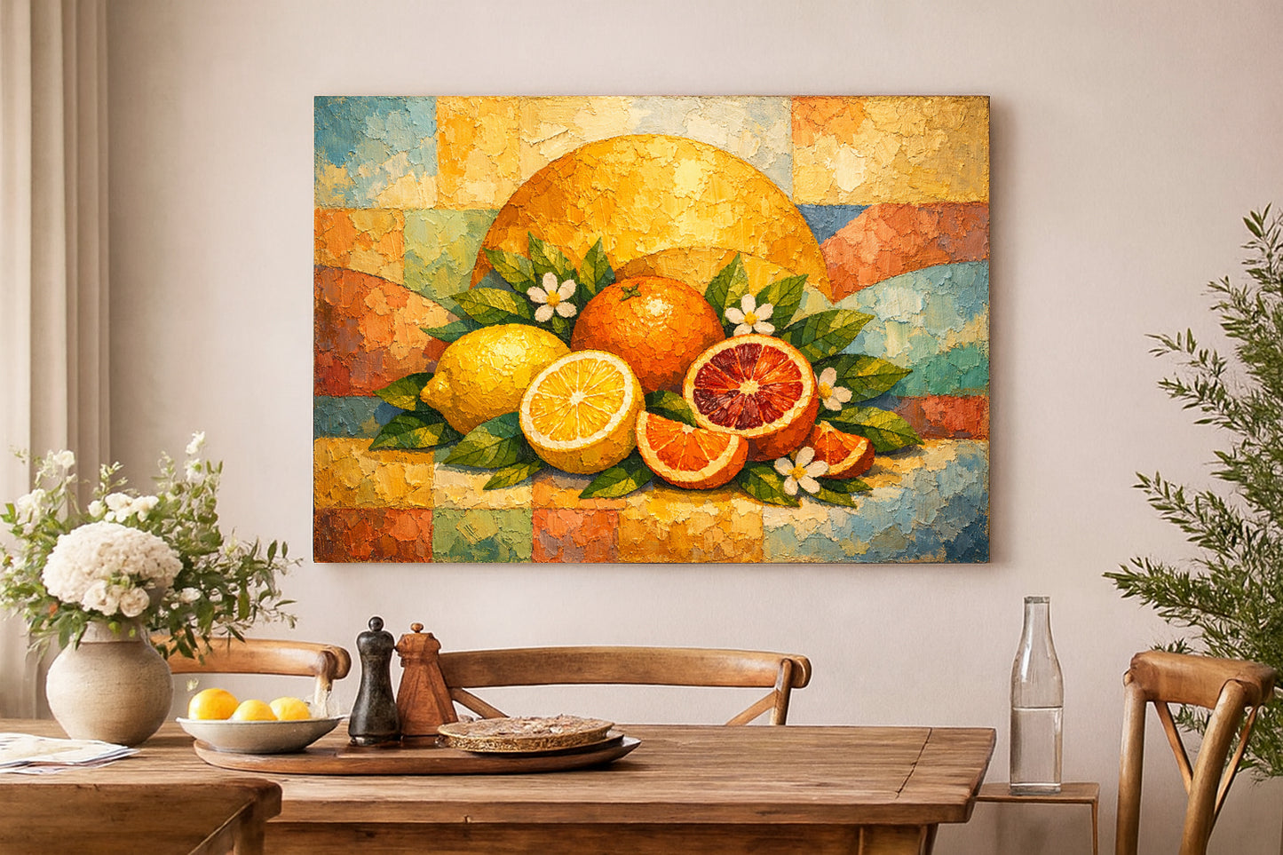 Lienzo de bodegón de cítricos | Decoración rústica de cocina con limones y naranjas mediterráneos.