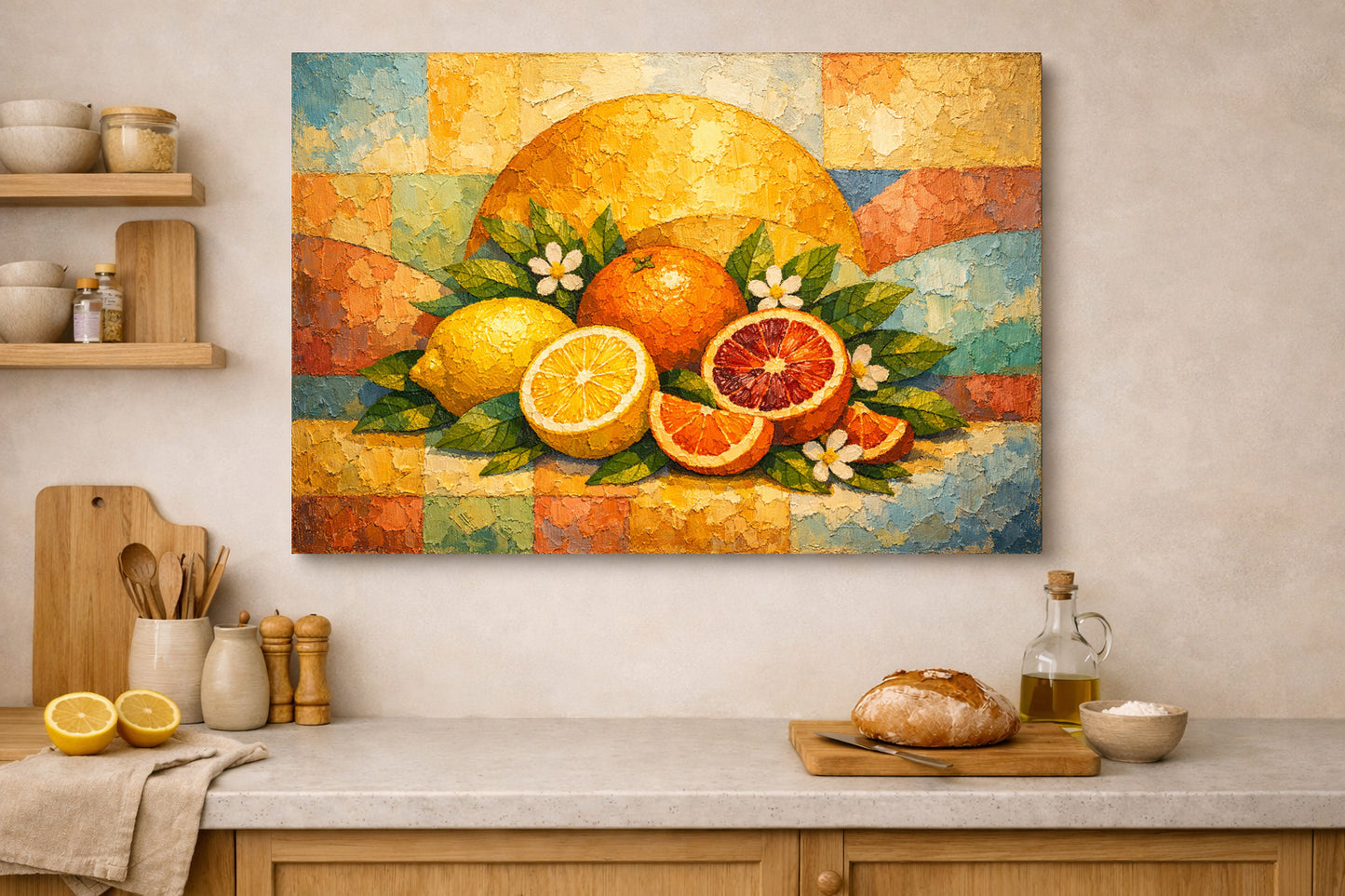 Lienzo de bodegón de cítricos | Decoración rústica de cocina con limones y naranjas mediterráneos.