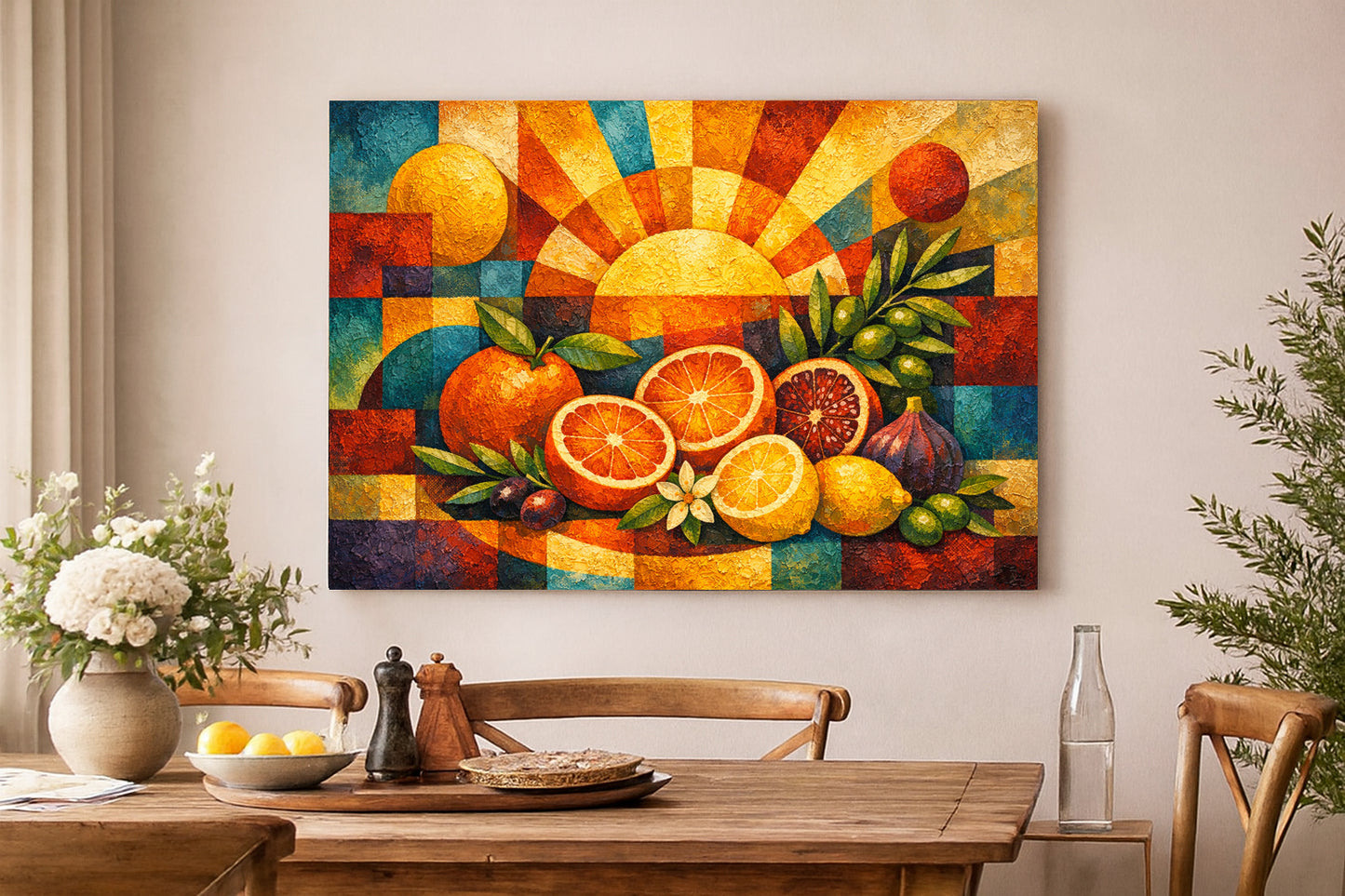 Lienzo de bodegón "Amanecer cítrico" | Naranjas y limones mediterráneos para cocina rústica.