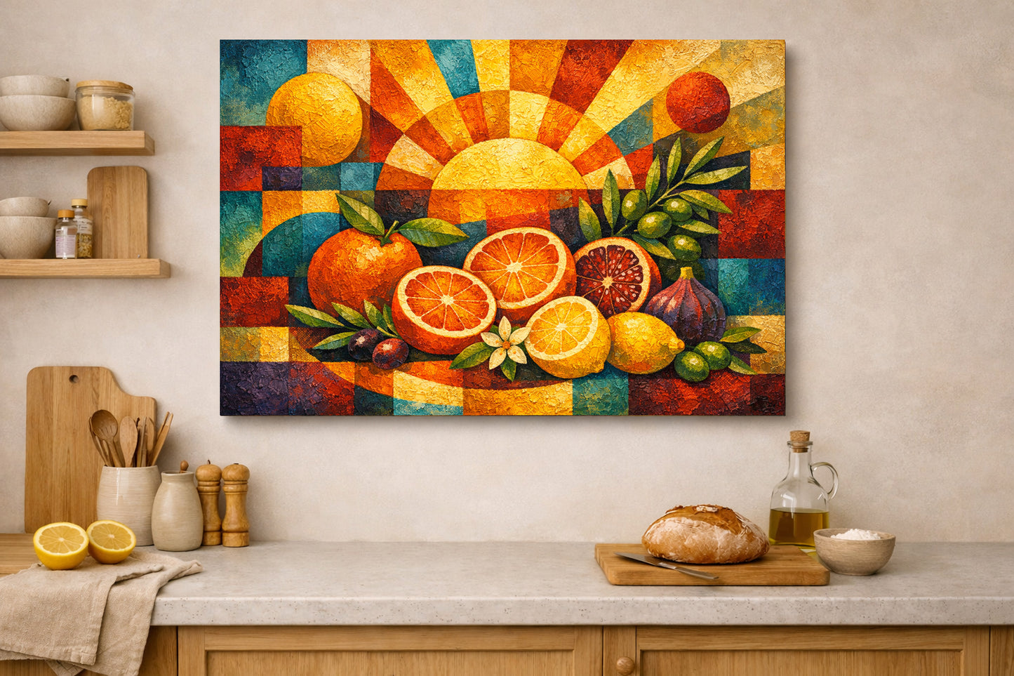 Lienzo de bodegón "Amanecer cítrico" | Naranjas y limones mediterráneos para cocina rústica.