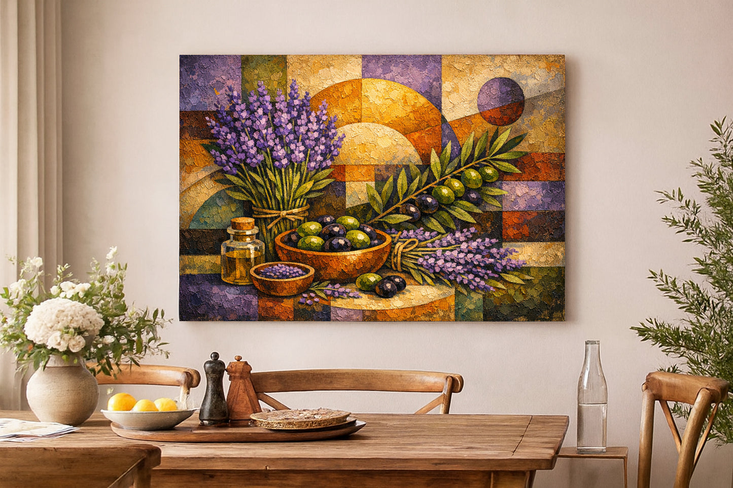 Lienzo de lavanda y olivos | Arte rústico de pared para cocina mediterránea.