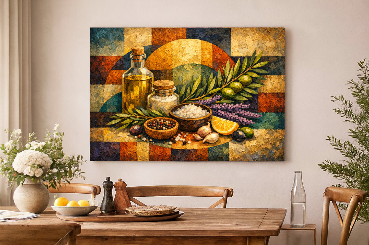 Lienzo de bodegón de ingredientes mediterráneos | Decoración rústica de pared para cocina.