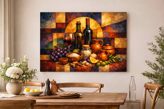 Wine Bottles & Grapes Still Life Canvas | Rustic Mediterranean Kitchen Wall Art.