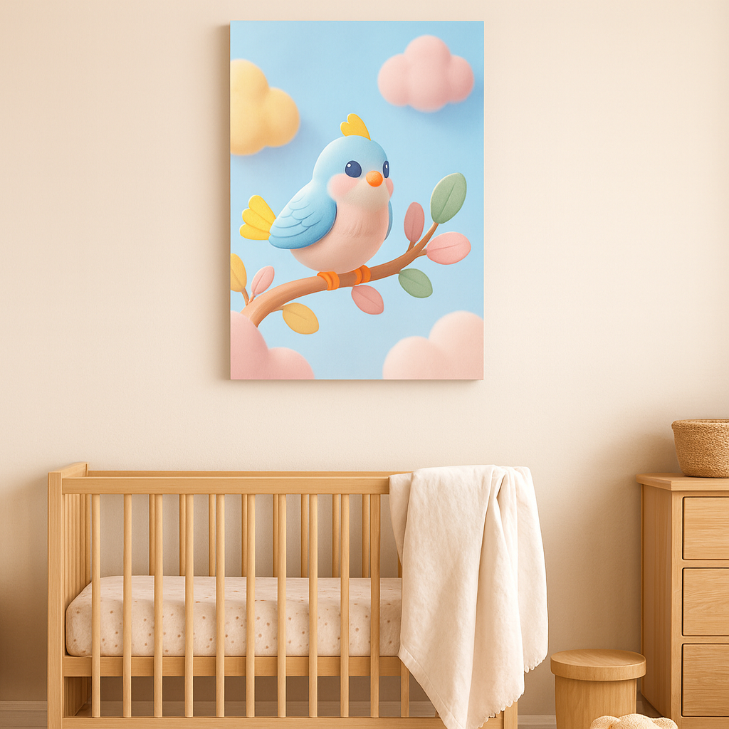 Arte de pared de vivero Blue Bird - Ilustración de cielo y rama en tonos pastel.