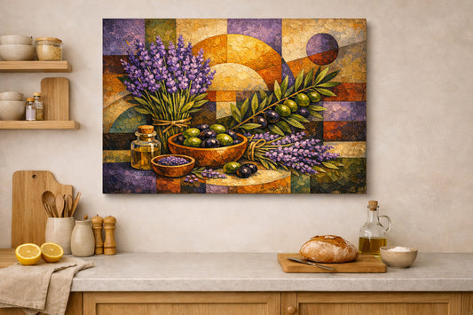 Lavender & Olives Still Life Canvas | Rustic Mediterranean Kitchen Wall Art.