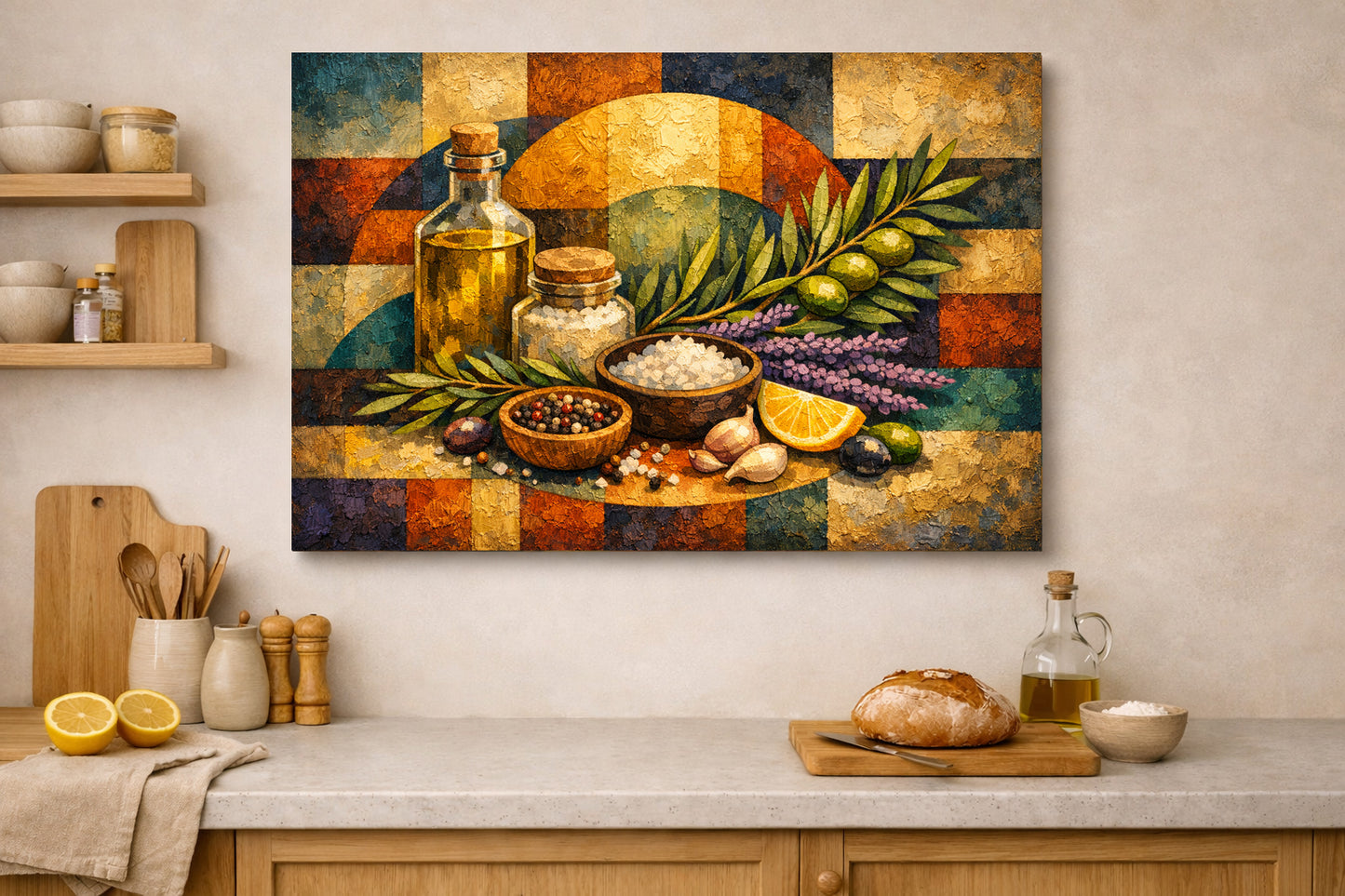 Lienzo de bodegón de ingredientes mediterráneos | Decoración rústica de pared para cocina.