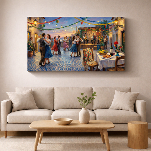 Mediterranean Festa Canvas – Portuguese Wall Art, Dancing Couples and Traditional Deco