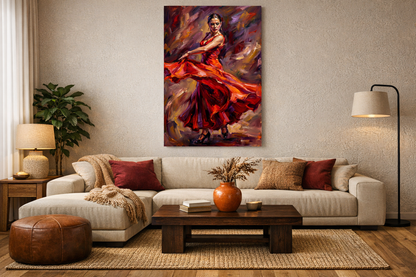 Living room with a painting of a woman in a red dress on the wall above a beige sofa - Portugal Canvas Co
