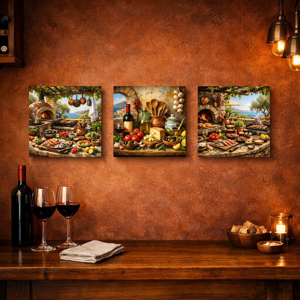 Lienzo de bodegón de patio mediterráneo | Arte rústico de pared para jardín de terracota.