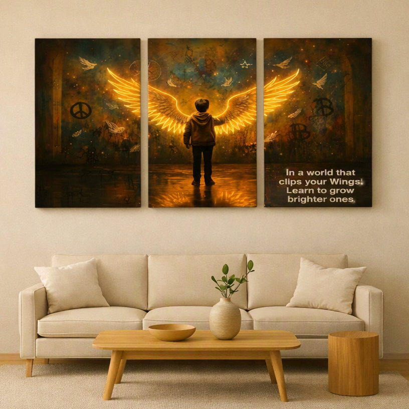 A three-panel canvas wall art set displayed above a beige sofa in a living room. The artwork shows a silhouetted figure with glowing golden wings in a dark interior, with a quote on the right panel - Portugal Canvas Co