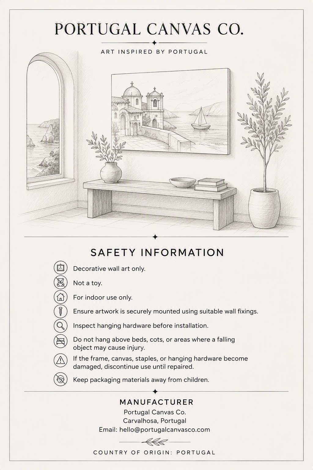 Product information card showing safety information and manufacturer details for the canvas print - Portugal Canvas Co