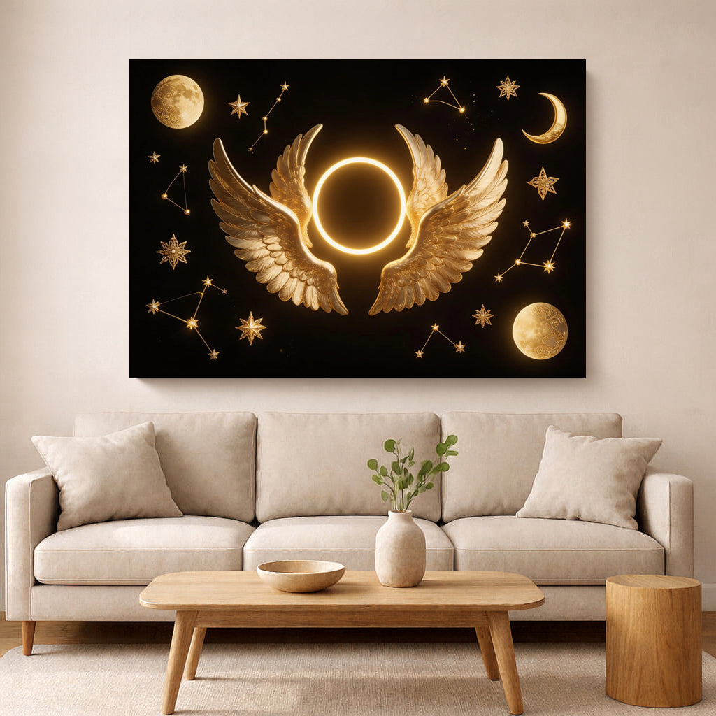Arte de parede Asas Divinas Celestiais – Tela de Luxo em Preto e Dourado