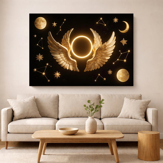 Divine Celestial Wings Wall Art – Luxury Black & Gold Canvas