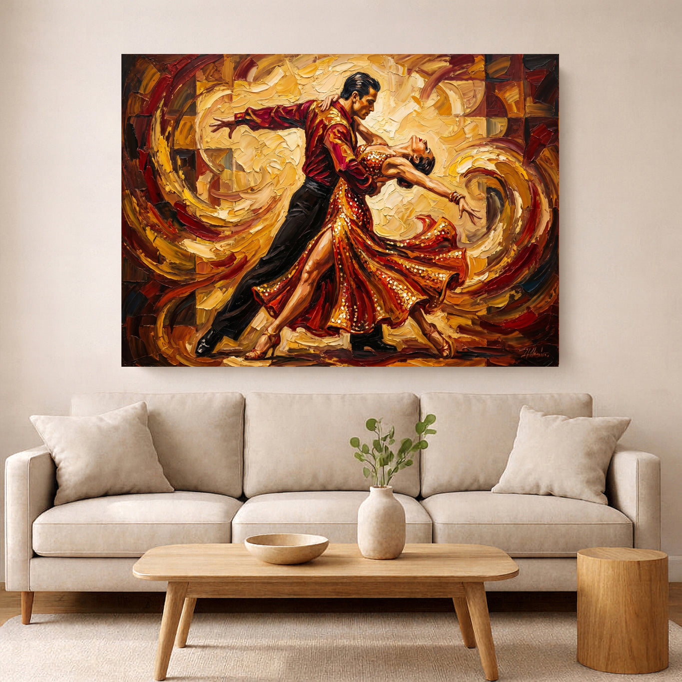 Expressive red and gold dance painting of two performers hanging above a beige sofa in a modern living room.